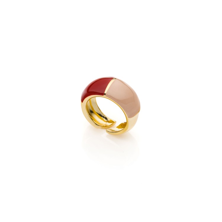 Anello dorato con smalto rosso bordeaux e beige